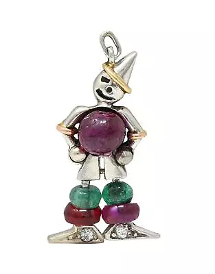 Art Deco Ruby Emerald Diamond Platinum 14 Karat Gold Vintage Clown Charm • $4375