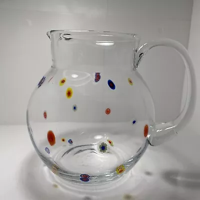 Large 8” Bulbous Glass Millefiori Pitcher/ Murano Style / Multicolored Flowers • $39