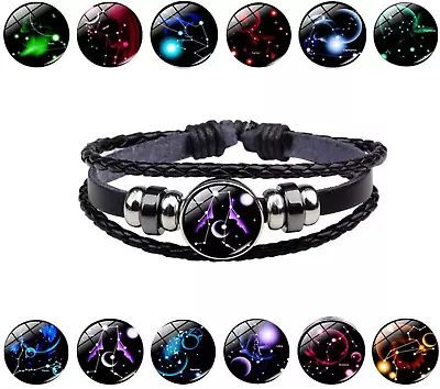 Men Women Leather Luminous 12 Horoscope Zodiac Birth Sign Wristband Bracelet • £3.79