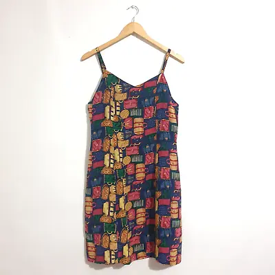 Isrida Vintage Dress Sz M Multicoloured 100% Silk Handbag Print Lined Sleeveless • $14.95