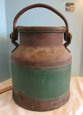 Vintage PRIMITIVE Industrial Steel METAL GREEN RUSTY MILK CAN W/LID 12  • $100