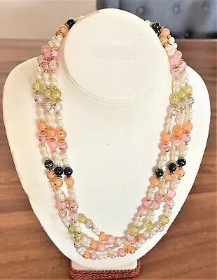 Vintage 3 Strand Necklace PINK BLACK GREEN PEARLS PASTEL BEADS GOLD • $6.90