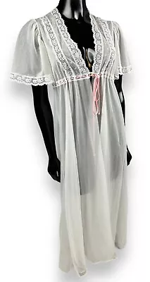 Vtg DreamAway Nylon Chiffon Sheer Evening Robe Peignoir Wedding White Pink Lace • $24.50