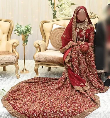 £600 • Buy Deep Red Pakistani Bridal Wedding Dress Lengha By Haris Shakeel