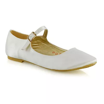 Womens Flat Wedding Pumps Ladies Mary Jane Bridesmaid Satin Shoes Size 3-8 • £19.99