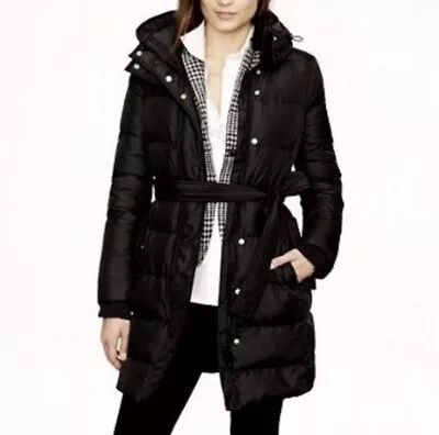 J CREW Women’s Black WINTRESS Down Puffer Jacket Medium Hooded Belted Long Coat • $44.90