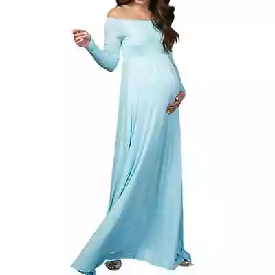 PINKBLUSH Off Shoulder Empire Waist Maternity Maxi Dress Gown Blue - Sz Large • $40