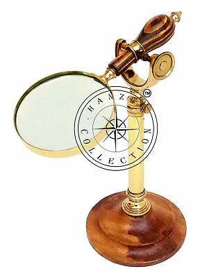 Vintage Magnifying Glass With 12  Brass/Wood Adjustable Desk Stand Magnifier • $115.50