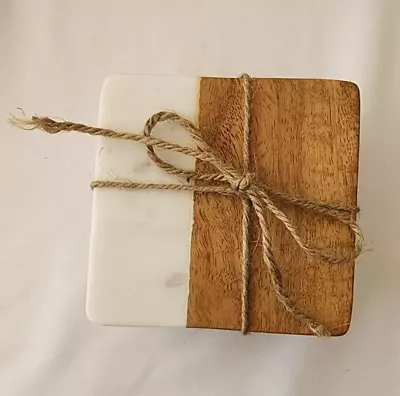 NEW Threshold Coasters Set Of 4 White Marble & Acacia Wood • $19.99