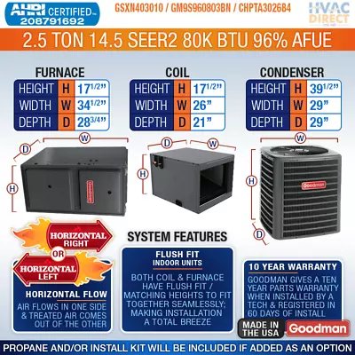 Goodman 2.5 Ton 14.5 SEER2 96% 80K BTU NG/LP Gas Furnace & AC Split System Kit • $4010