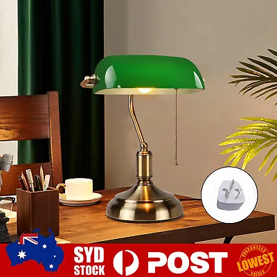 Retro Vintage Antique Green Brass Banker Lounge Lamp Table Office Desk Light L • $59.99