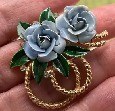 Lovely Vtg Crown Trifari Enamel Blue Roses Brooch Pin • $25