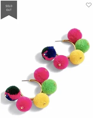 $48 NWT J CREW Colorful PomPom Hoop Pierced Earrings Gold Sold Out ED1811 FUN! • $9.99
