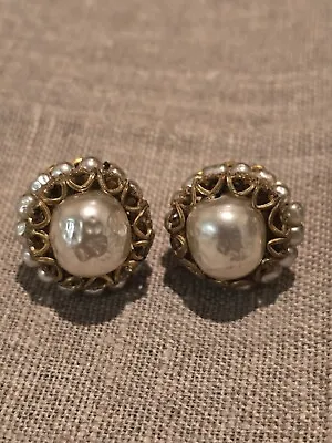 Vintage Miriam Haskell 1950s Baroque Pearl Large Pearl & Gilt Clip-On Earrings  • $120