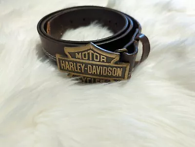 Harley Davidson Mens Motorcycle Leather Brown Stitch Belt & Buckle Logo 36 • $31.50