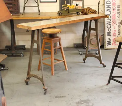 Vtg Antique Industrial 72  Console Table Bar Wood Butcher Block Cast Iron Legs • $995