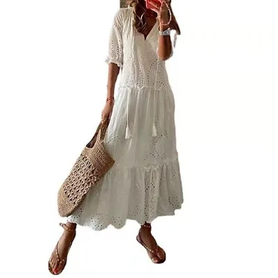 Womens Boho Lace Hollow Maxi Dress Ladies Summer V Neck Holiday Long Sundress • £19.69