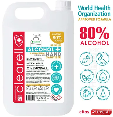 Clearell 5L Hand Sanitiser Sanitizer 5 Litres 80% ALCOHOL WHO Formula Liquid Rub • £76.95