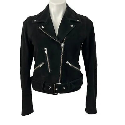 Veda Womens Black Moto Goat Suede Full Zip Biker Cropped Jacket Collared Size S • $251.99