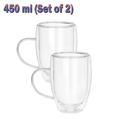 2x Double Wall Insulated Glass Coffee Glass Thermal Mug Tea Cup Handle 350/450ml • £10.99
