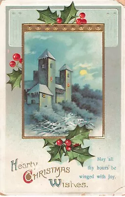 Hearty Christmas Wishes Holly Castle Scene Embossed Vintage Postcard • $6.39