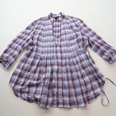 Moda International Womens Blouse Large Purple Plaid Button Up Boho 3/4 Sleeve • $12.99