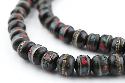 Black Inlaid Yak Bone Mala Beads 10mm Nepal Round Large Hole 34 Inch Strand • $24.50