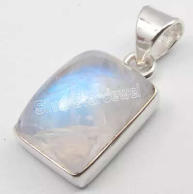 Rectangle Cabochon Rainbow Moonstone Necklace Pendant 925 Sterling Silver • $29.99