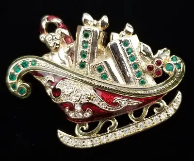 MONET Christmas Sleigh Brooch Pin Crystal Green Red Rhinestones Red Enamel Gold • $40