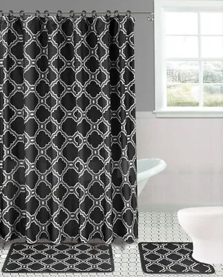 $19.20 • Buy Geometric New Print Design Bathroom Set Bath Mats Rug Shower Curtain Lid Cover