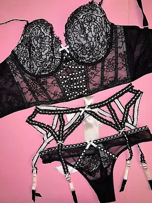 Victoria's Secret S-DDM-DD 32DD34DD36DD BRA SET Thong+garter Pink BLACK LACE • £115.69