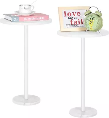 Set Of 2 White Round Side Table Sofa Small End Table Drink Table W/ Marble Base • $42.99