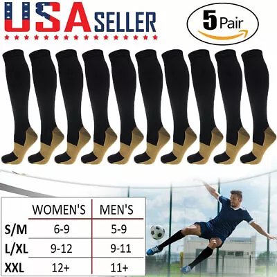 5 Pairs Copper Compression Socks 20-30mmHg Graduated Support Mens Womens S/M-XXL • $11.55