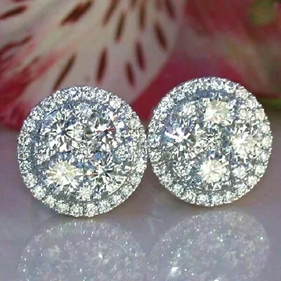 Real Moissanite 3Ct Round Cut Cluster Shape Stud Earrings 14K White Gold Plated • $119.99
