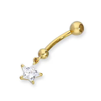 9ct Gold & Hanging Clear CZ Crystal Star Ball End Belly Bar Piercing • £67