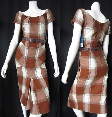 25  Waist - L.A.M.B. Gwen Stefani Wool Dress 2 NWT Cream Brown Tartan • £331.60