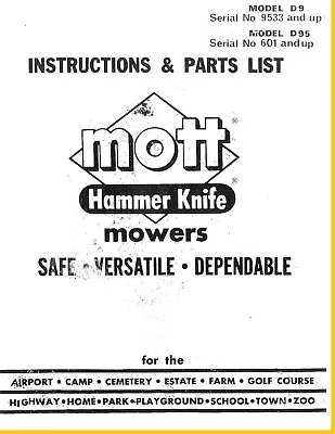 D9 D95 Mott Hammer Knife Belly Mower Owner's Manual For  IH Farmall Cub Tractor  • $20