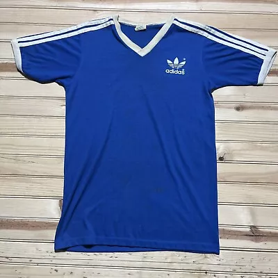 Vintage Adidas Shirt Blue Ringer V-Neck Trefoil 70s Single Stitch Size Large • $49.99