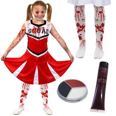 Girls Zombie Cheerleader Red Halloween Fancy Dress Costume Kids Death • £11.99