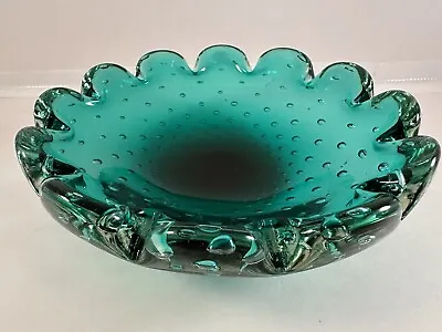 Bullicante Bowl Turquoise Art Glass Ashtray Murano Style Bubbles Trinket Dish • $19.99