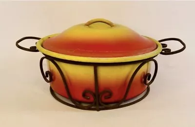 $20 • Buy Vintage Mexican Enamelware Casserole Pot And Black Iron Cradle