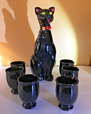 Vintage Shafford Black Cat Redware Decanter Sake Saki Shot Glass Bar Set Japan • $149.99