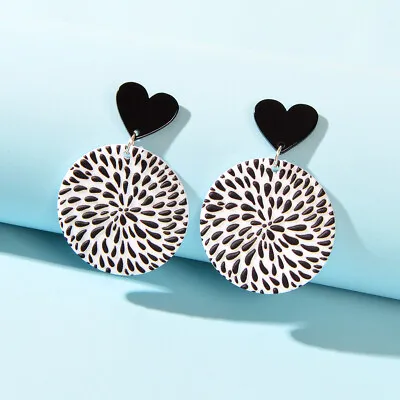 $1.99 • Buy Boho Retro White Black Geometric Pattern Heart Round Acrylic Holiday Earrings
