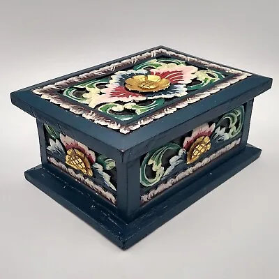 Hand Carved Blue Floral Hand Painted Wooden Box Lid Trinket Box Jewelry Box • $15