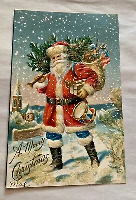 Christmas Postcard - Santa Claus In Red  American Flag  Toys  Mica  Vintage • $10