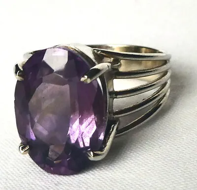 Vintage 14k White Gold Amethyst Deep Purple Modernist Wide Split Shank Ring • $359