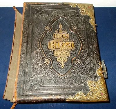£75 • Buy Large Antique Illustrated Holy Family Bible Leather With Brass Fittings & Hinges