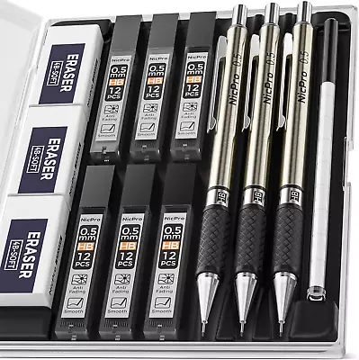 Nicpro 0.5 Mm Art Mechanical Pencils Set In Storage Case 3 PCS Metal Drafting P • $13.55