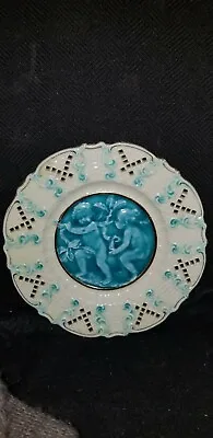 Antique German Majolica Pottery Pierced Teal Cream Cherub Plate  • $89