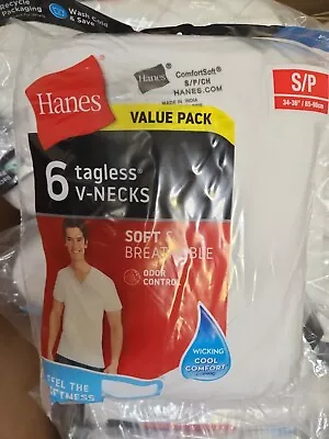 Hanes Men's Tagless V-Necks T-Shirts White 6 Pack Size S (34-36 ) • $19.99